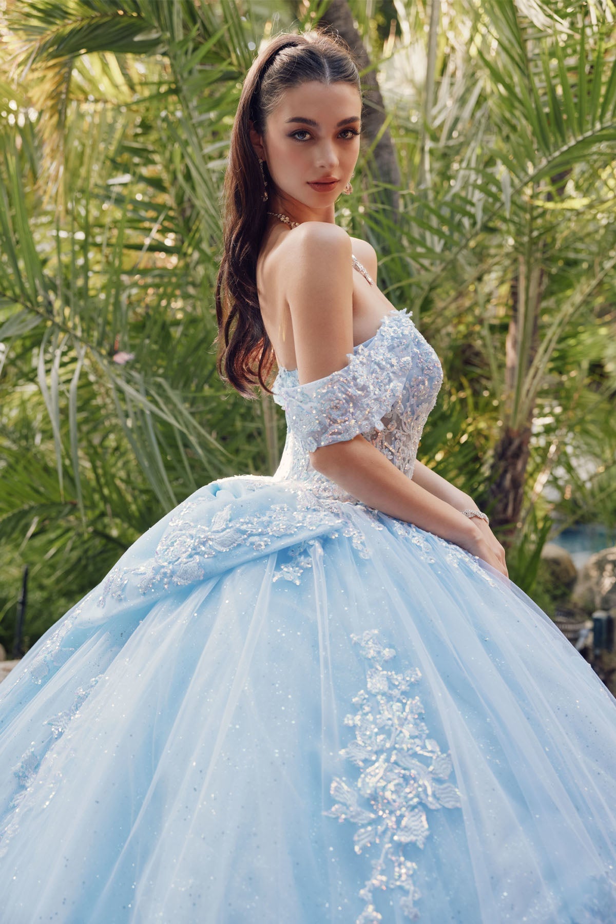 Juliet 1458J Off Shoulder Appliqued Glitter Tulle Quinceanera Ball Gown