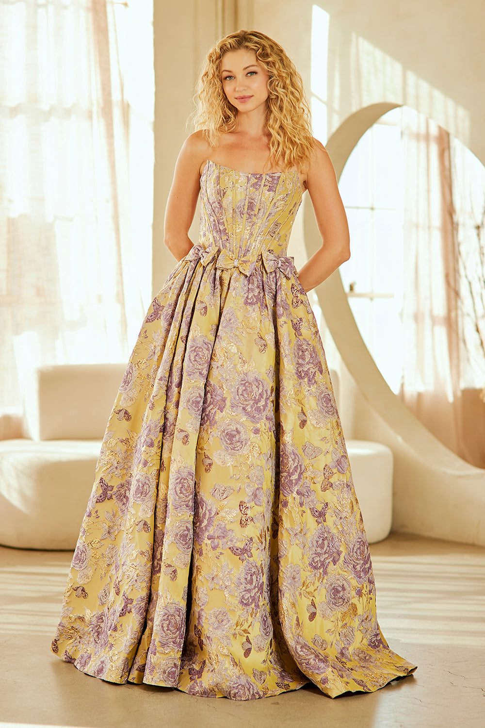 Strapless Floral Jacquard A-Line Gown with Corset Back and Bow Waist Detail by Amelia Couture 8068