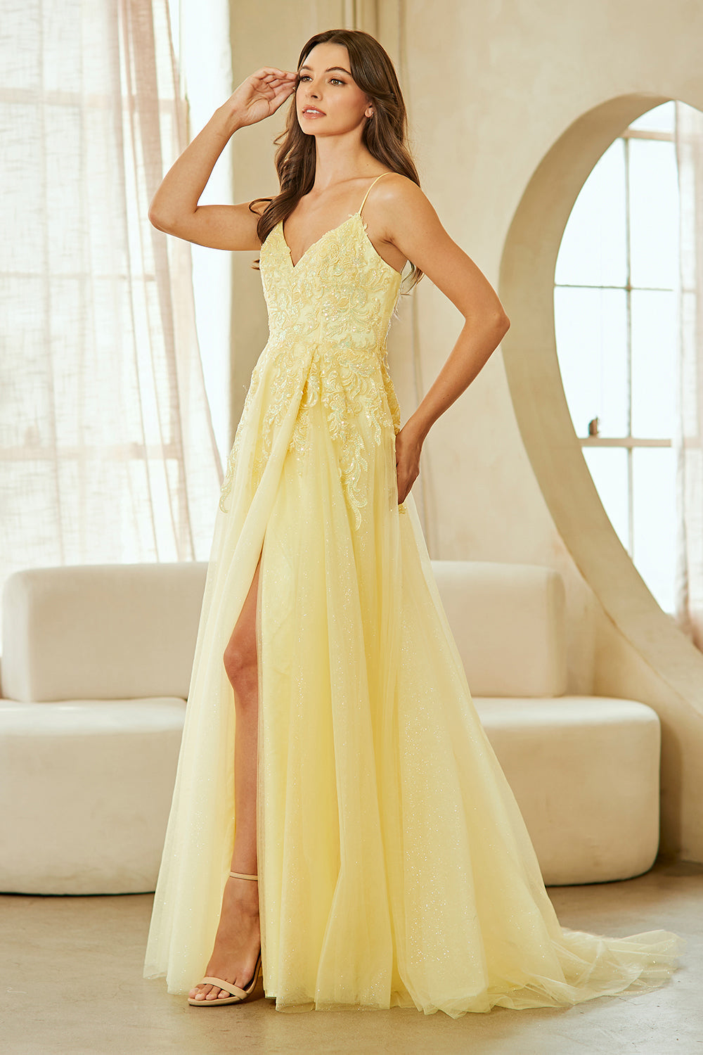 Lace Appliqué Spaghetti Strap A-Line Prom Dress with V-Neck & Open Back Amelia Couture 9079