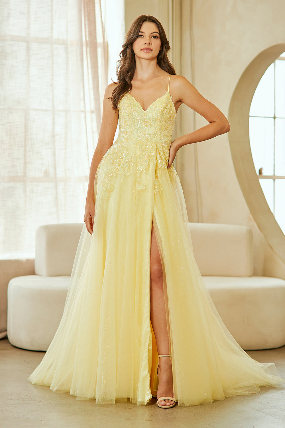 Lace Appliqué Spaghetti Strap A-Line Prom Dress with V-Neck & Open Back Amelia Couture 9079