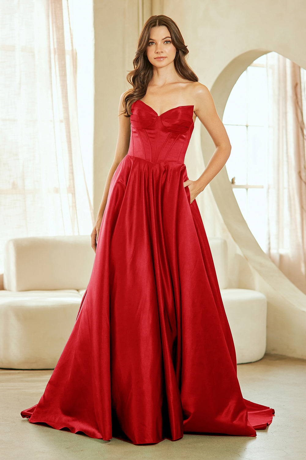 Strapless Satin Corset Bodice A-Line Prom Dress with Pockets & Lace-Up Back by Amelia Couture 5080