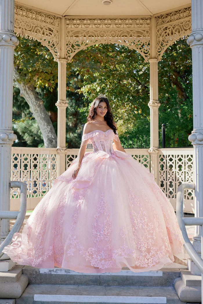 Juliet JT1503J Off Shoulder Floral Lace Appliqué Glitter Tulle Quinceanera Dress