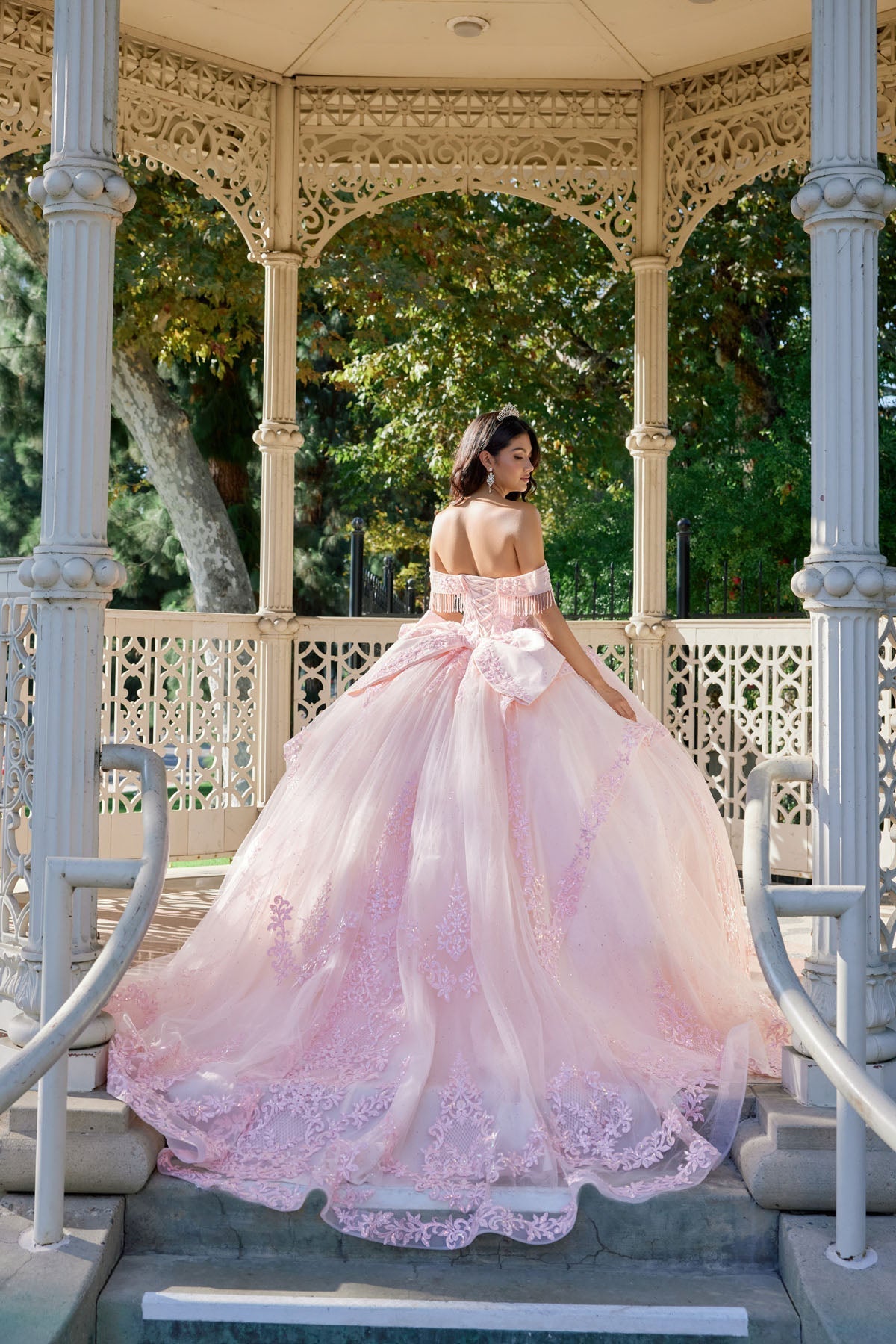 Juliet JT1503J Off Shoulder Floral Lace Appliqué Glitter Tulle Quinceanera Dress