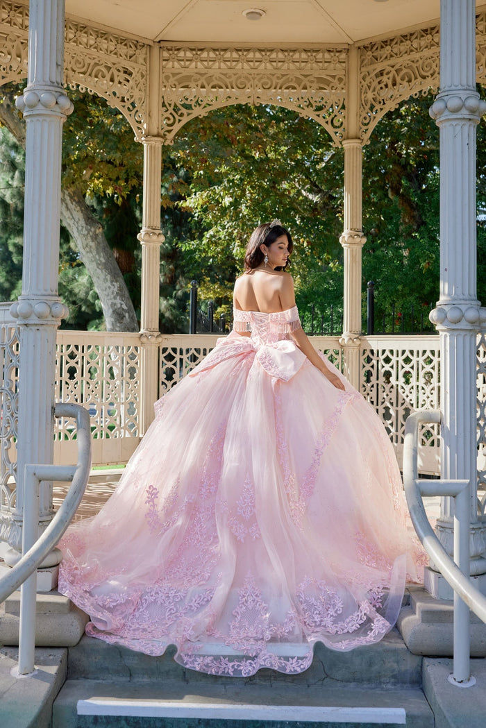 Juliet JT1503J Off Shoulder Floral Lace Appliqué Glitter Tulle Quinceanera Dress