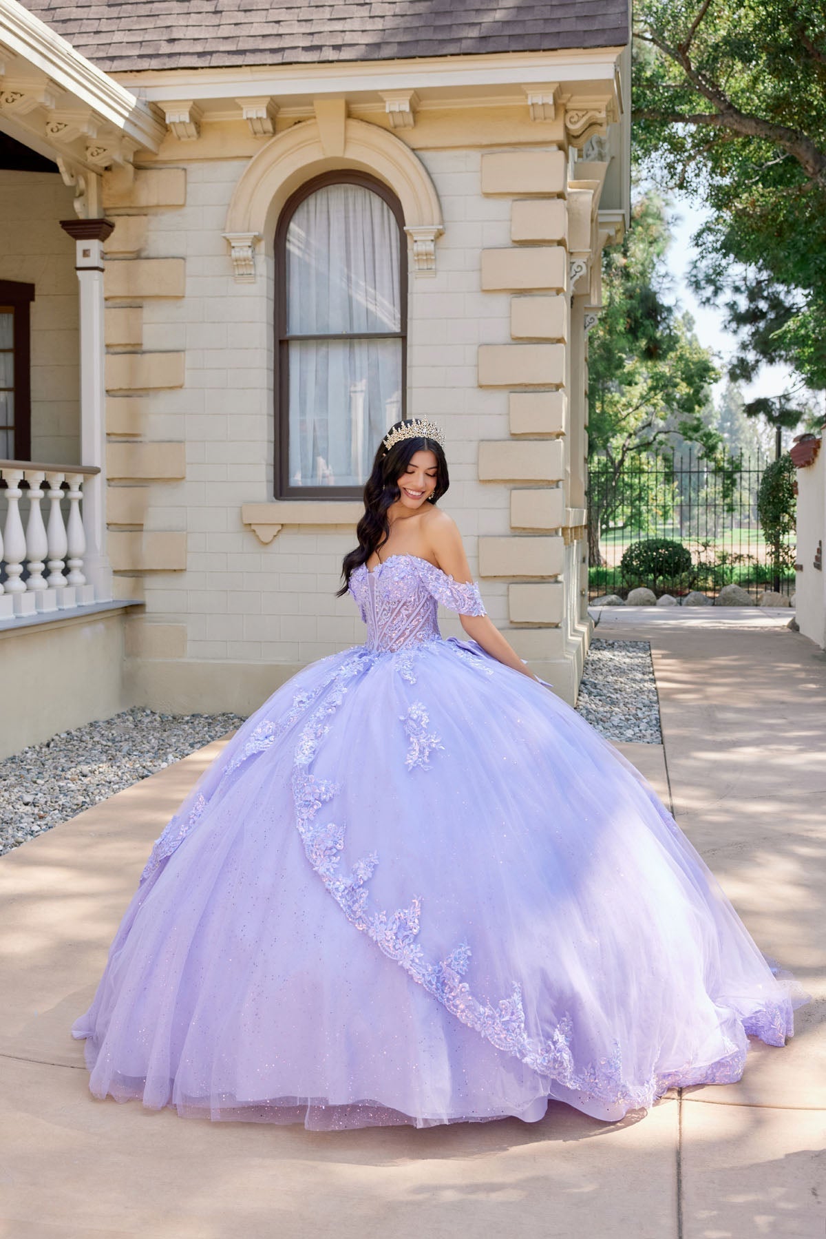Juliet 1507J Applique Lace Off-Shoulder Glitter Tulle Quinceanera Dress