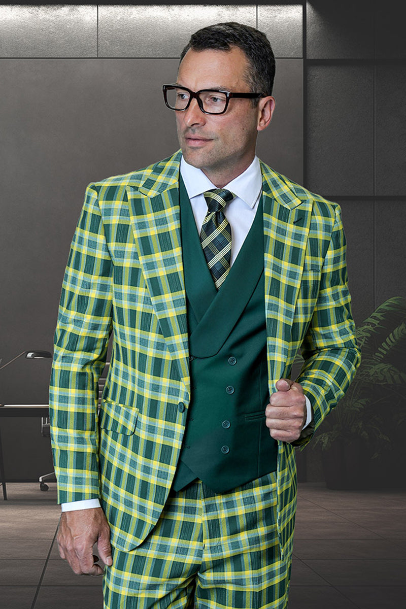 Men's Designer Wool Peak Lapel Suit in Muted Black Widowpane Plaid