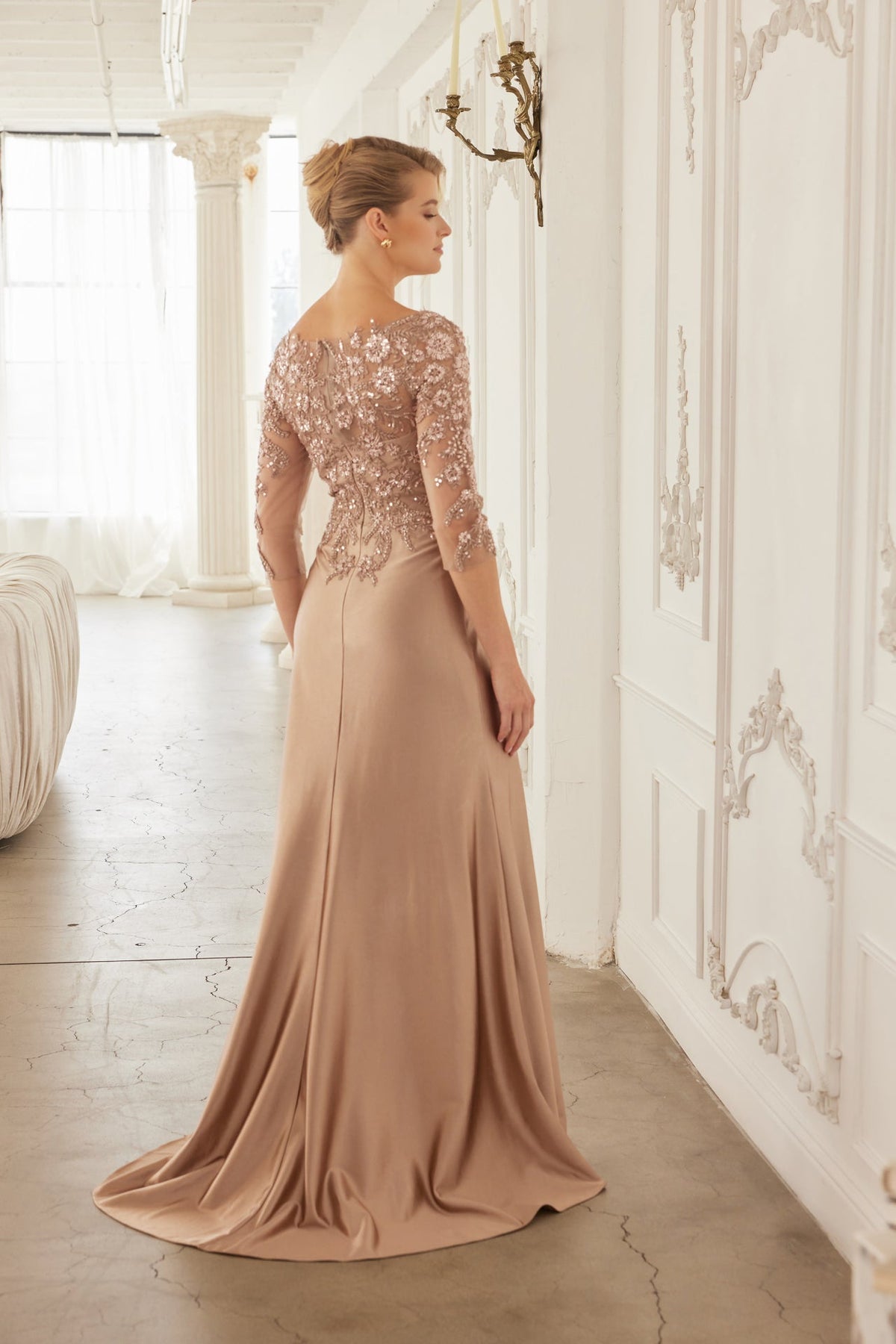 3/4 Sleeve Mother of the Bride Dress with Beaded Appliqués Formal Gown