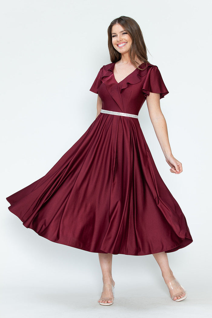 Lenovia 5295 Ruffled Satin Short Sleeve A-Line Tea Length Dress