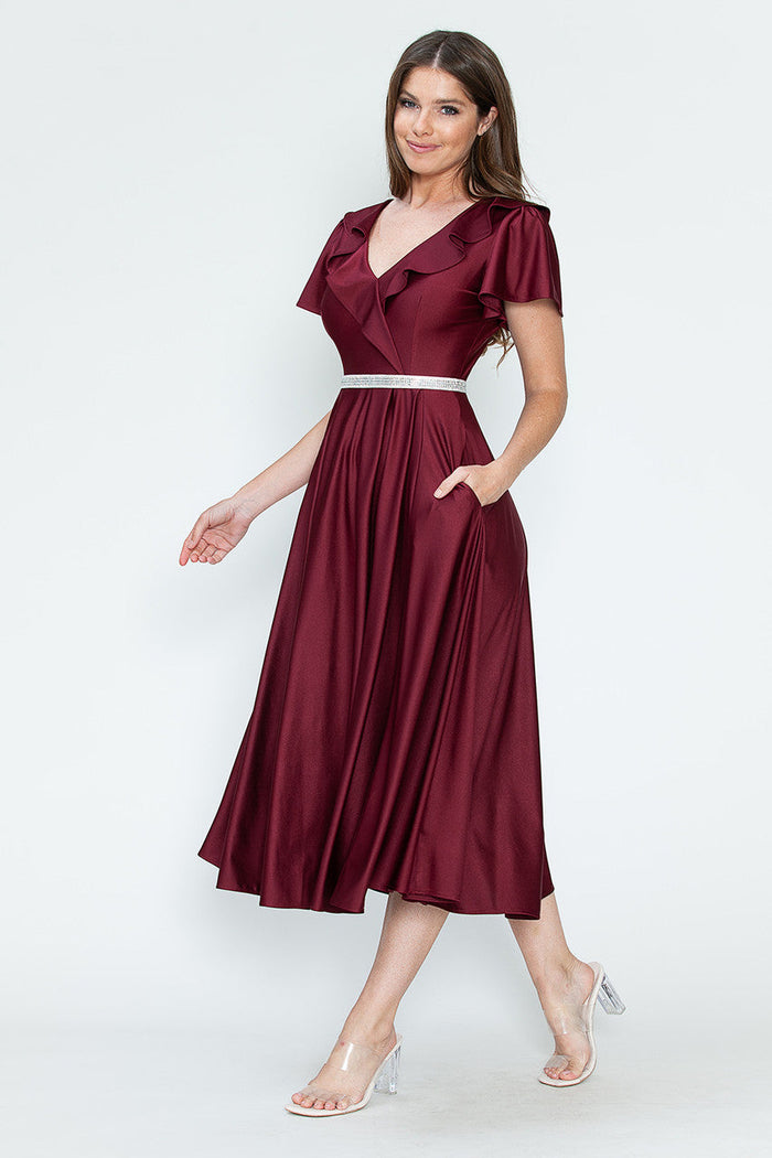 Lenovia 5295 Ruffled Satin Short Sleeve A-Line Tea Length Dress