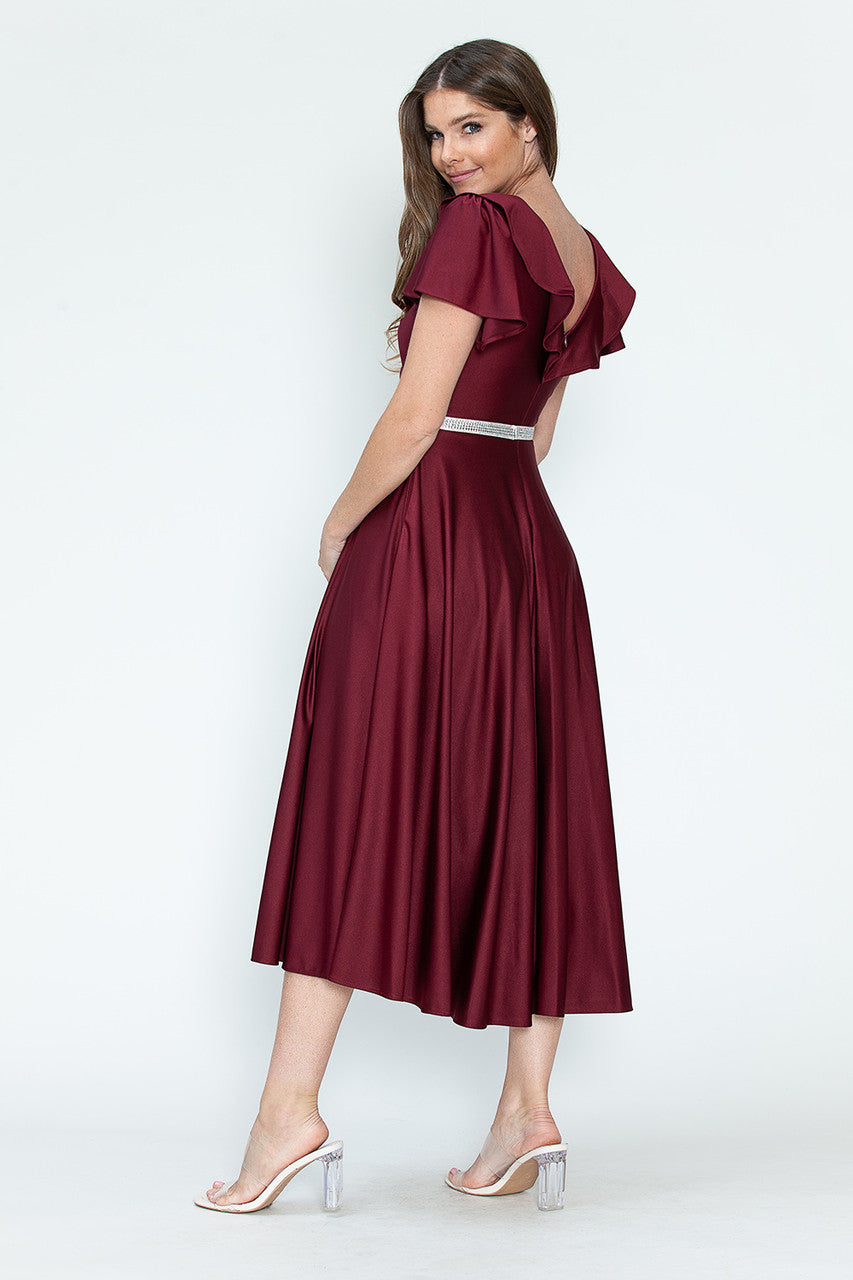 Lenovia 5295 Ruffled Satin Short Sleeve A-Line Tea Length Dress
