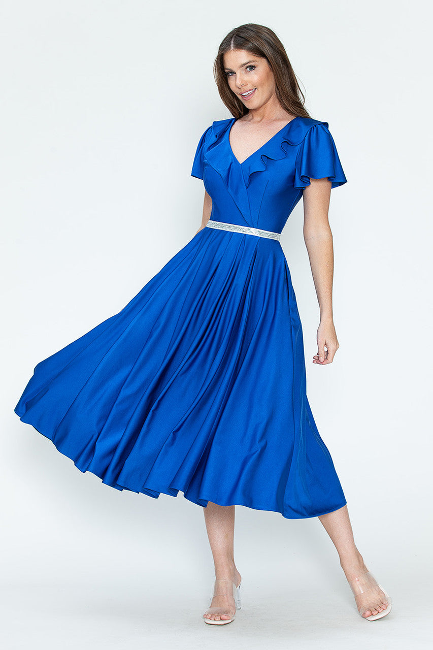 Lenovia 5295 Ruffled Satin Short Sleeve A-Line Tea Length Dress