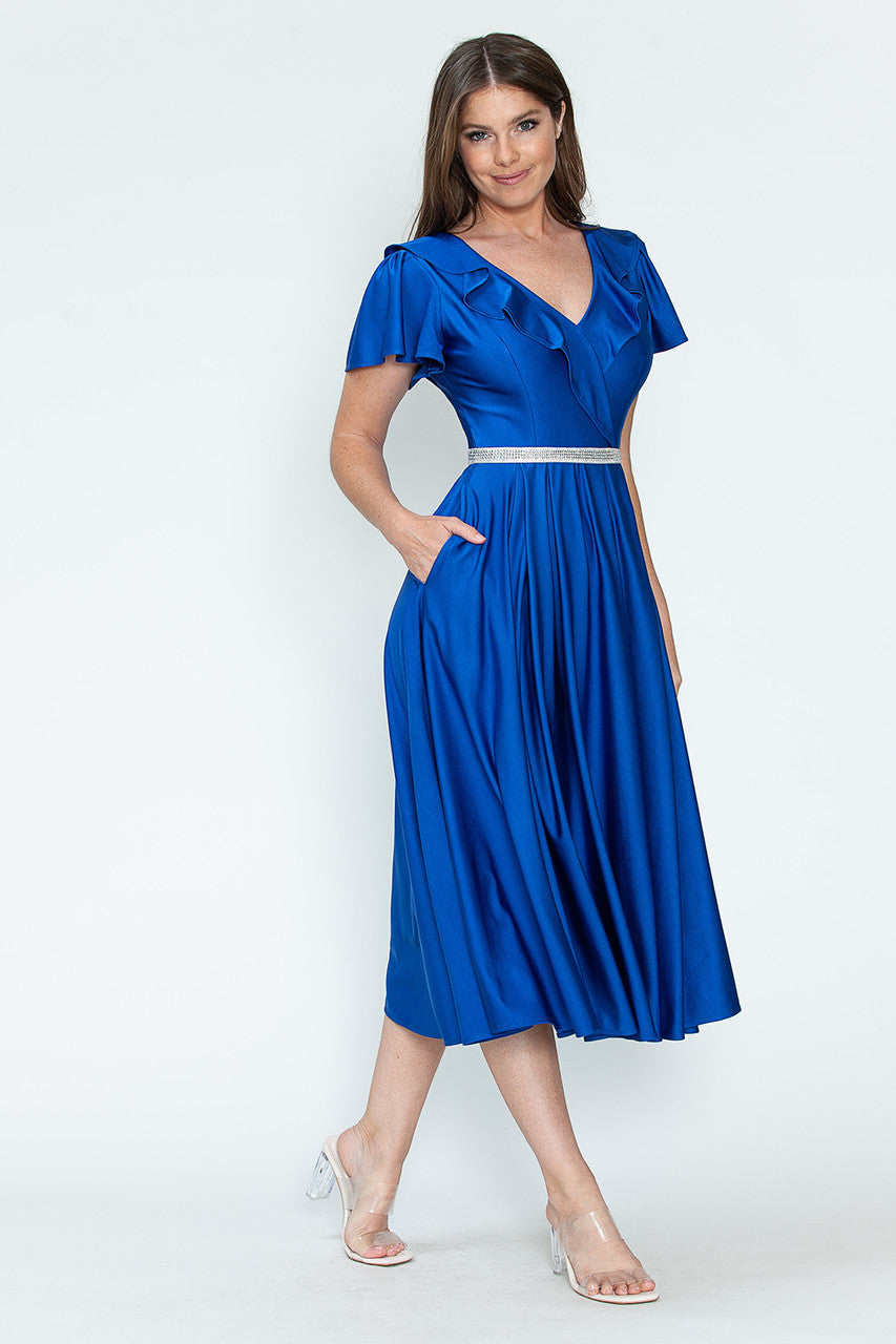 Lenovia 5295 Ruffled Satin Short Sleeve A-Line Tea Length Dress