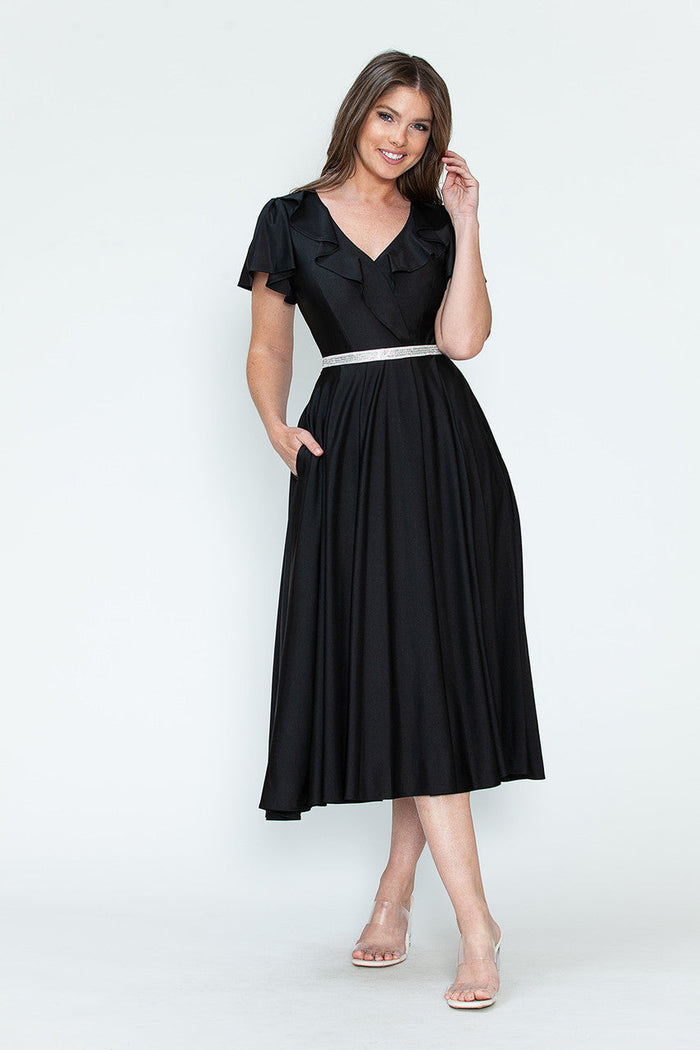 Lenovia 5295 Ruffled Satin Short Sleeve A-Line Tea Length Dress