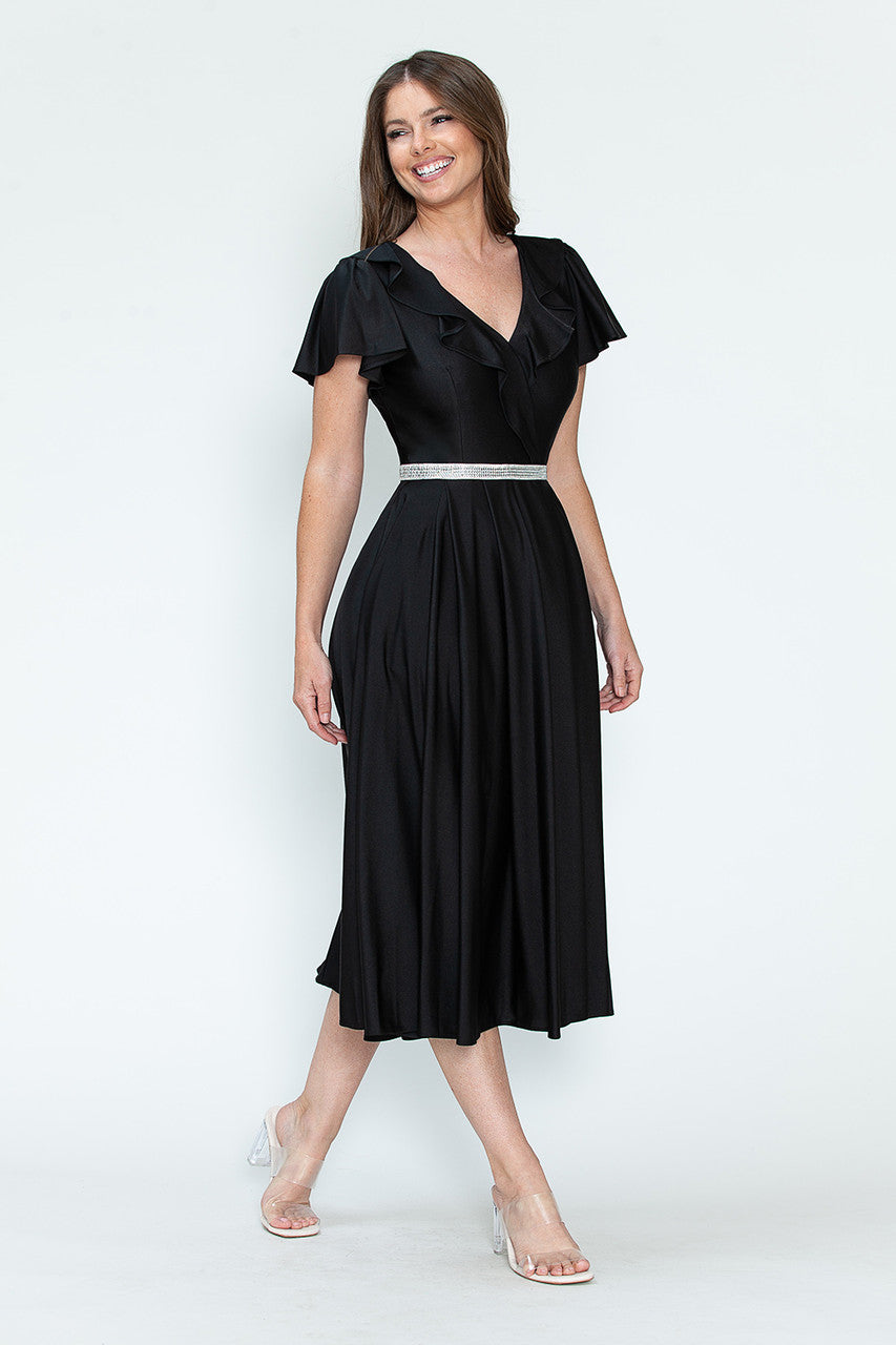 Lenovia 5295 Ruffled Satin Short Sleeve A-Line Tea Length Dress