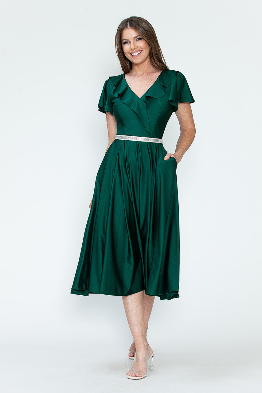 Lenovia 5295 Ruffled Satin Short Sleeve A-Line Tea Length Dress