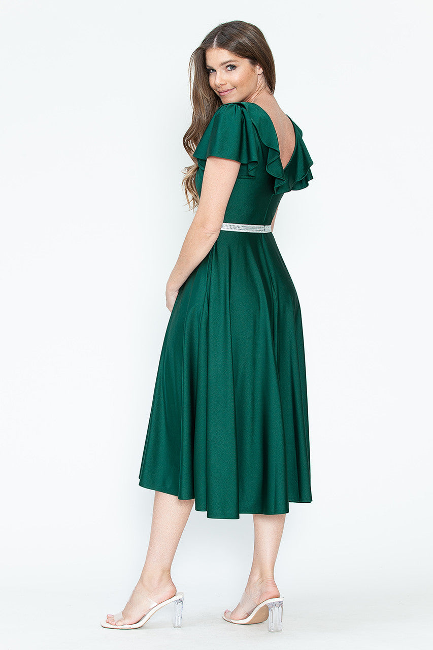 Lenovia 5295 Ruffled Satin Short Sleeve A-Line Tea Length Dress