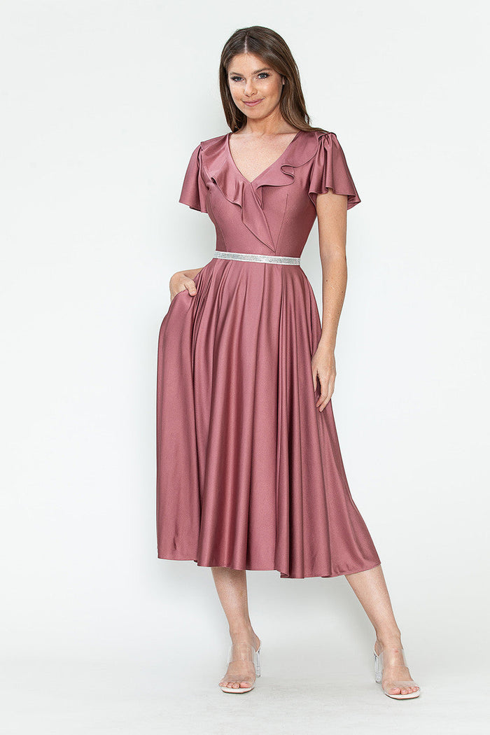 Lenovia 5295 Ruffled Satin Short Sleeve A-Line Tea Length Dress