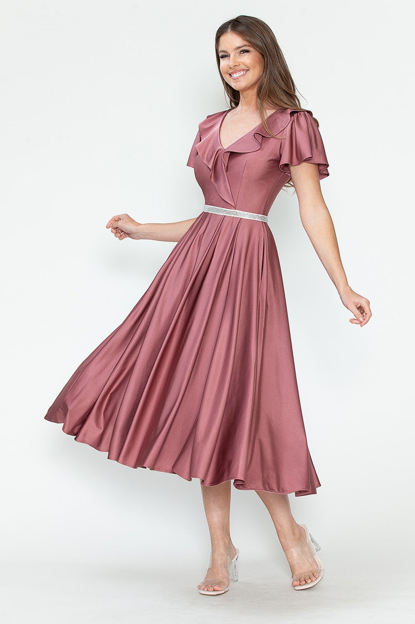 Lenovia 5295 Ruffled Satin Short Sleeve A-Line Tea Length Dress