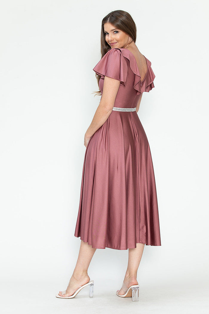 Lenovia 5295 Ruffled Satin Short Sleeve A-Line Tea Length Dress
