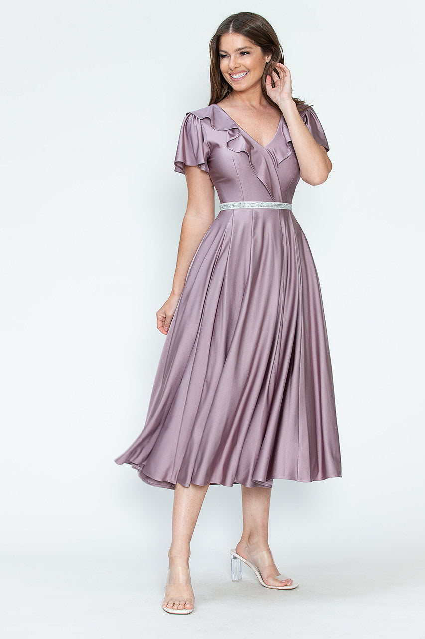 Lenovia 5295 Ruffled Satin Short Sleeve A-Line Tea Length Dress