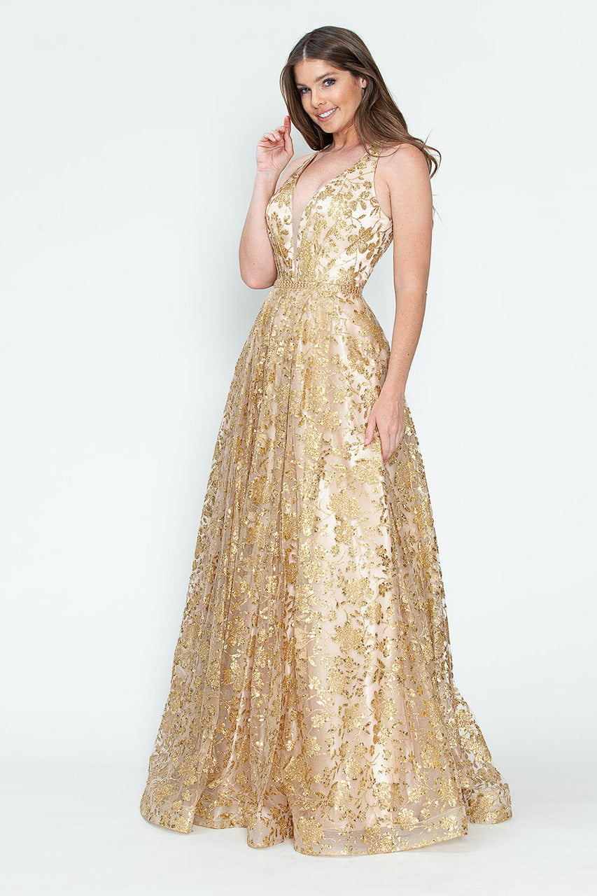 Sequin Floral Lace-Up Back A-Line Gown Sparkly Sleeveless Prom & Formal Dress By Lenovia 8240