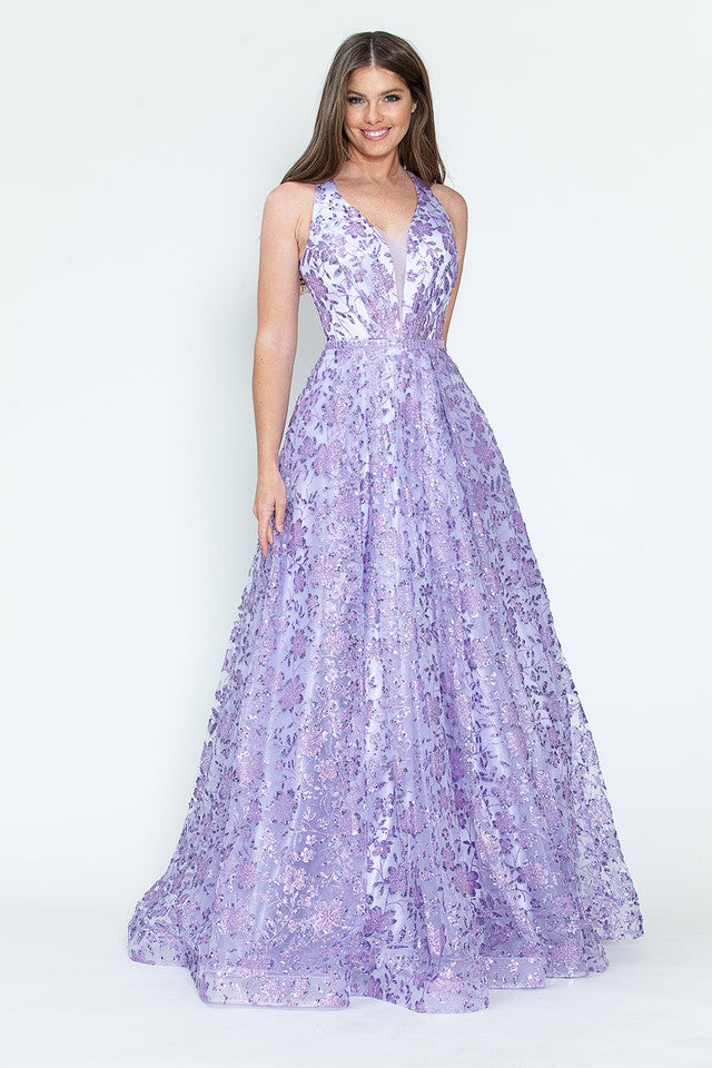 Sequin Floral Lace-Up Back A-Line Gown Sparkly Sleeveless Prom & Formal Dress By Lenovia 8240