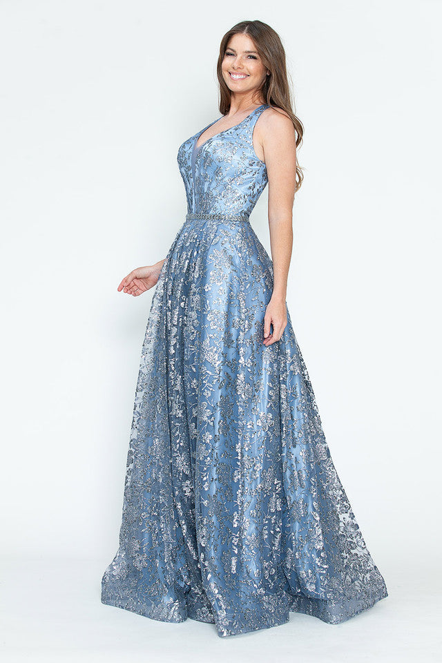 Sequin Floral Lace-Up Back A-Line Gown Sparkly Sleeveless Prom & Formal Dress By Lenovia 8240