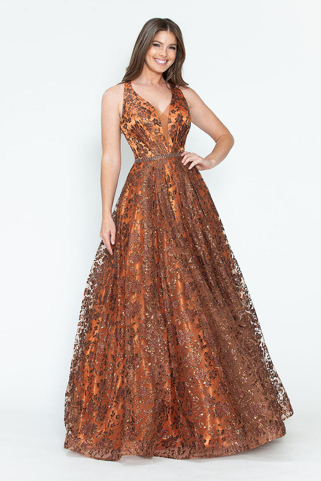 Sequin Floral Lace-Up Back A-Line Gown Sparkly Sleeveless Prom & Formal Dress By Lenovia 8240