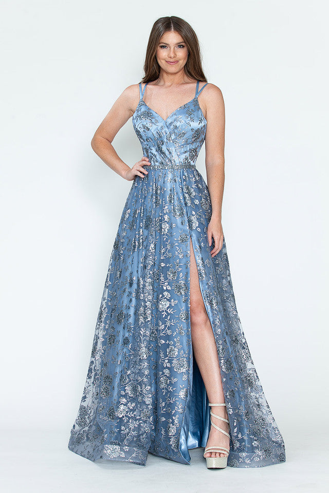 Glitter Embellished A-Line Gown with Corset Back & Stone Belt Formal Prom Dress by Lenovia 8235