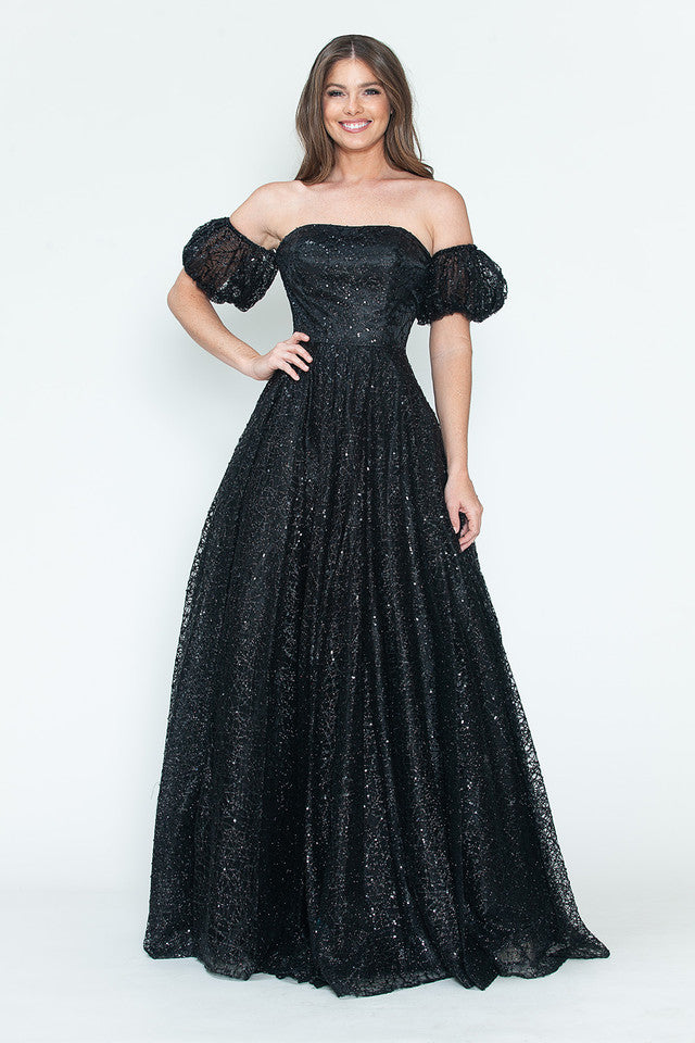 Glitter Tulle A-Line with Puff Sleeves Formal Evening Dress By Lenovia 8242