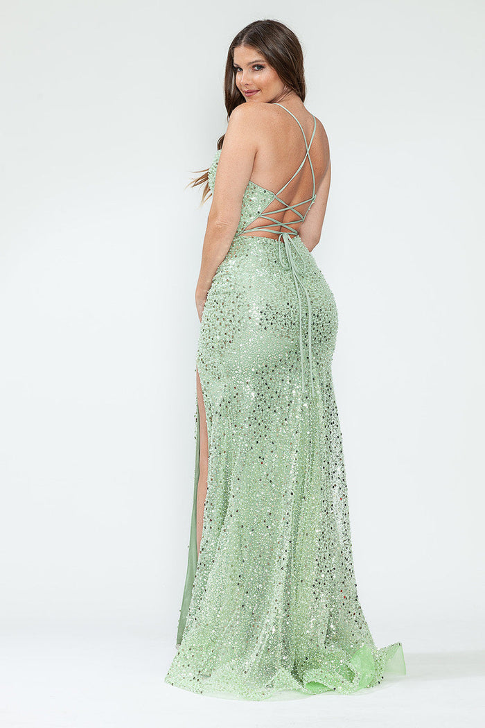 Sequin Fitted Gown with High Slit and Lace-Up Back Sleeveless Formal Prom Dress By Lenovia 8216