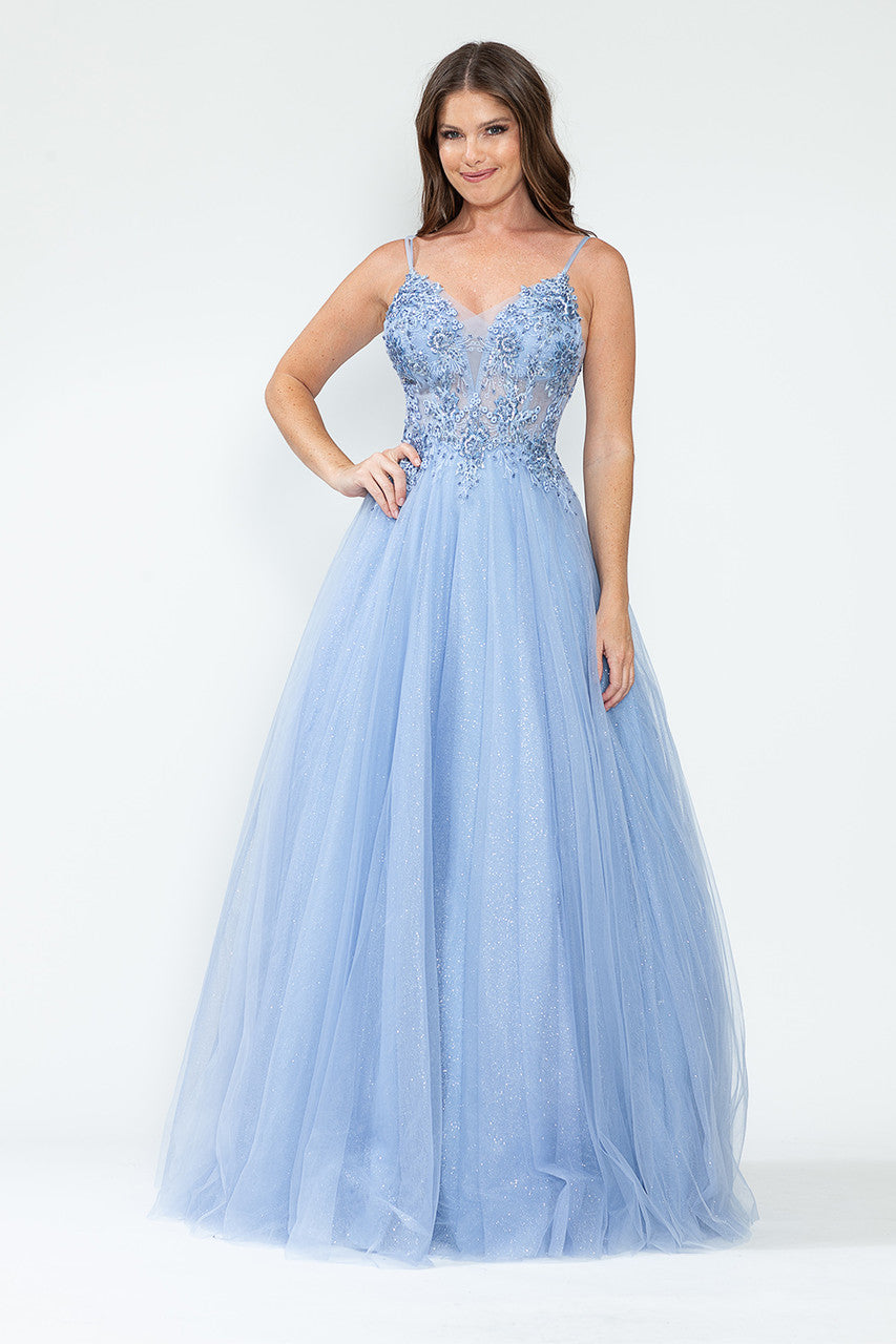 Glitter Tulle A-Line Gown with Floral Lace Appliqué Bodice and Double Spaghetti Straps Prom Dress By Lenovia 8182