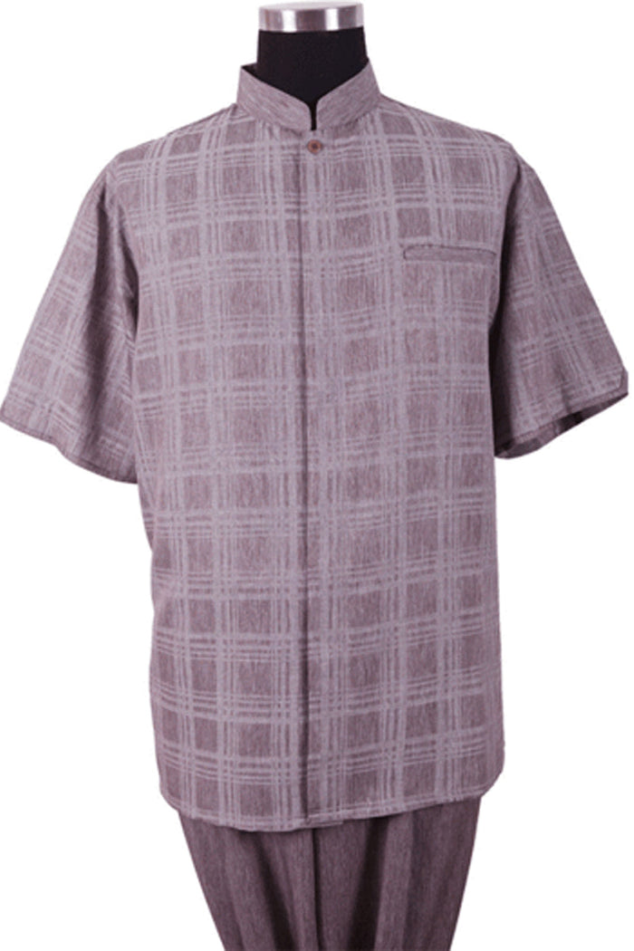 Mens Short Sleeve Plaid Mandarin Banded Collar Walking Suit in Burgundy