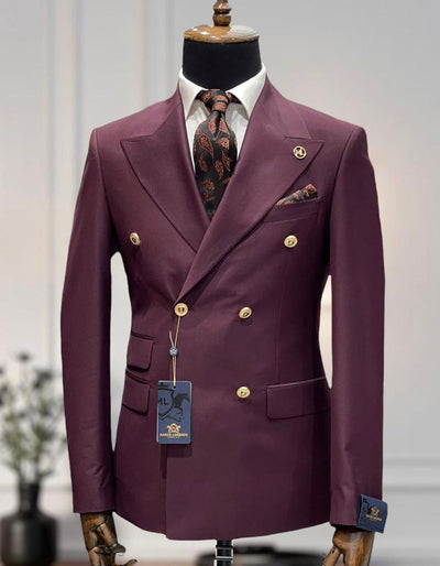 Double Breasted Maroon Wool Suit with Gold Buttons