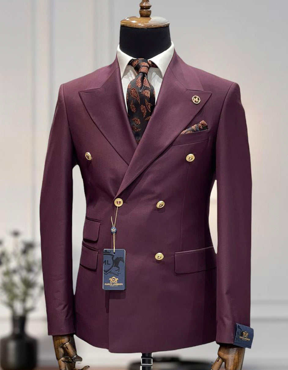 Double Breasted Maroon Wool Suit with Gold Buttons