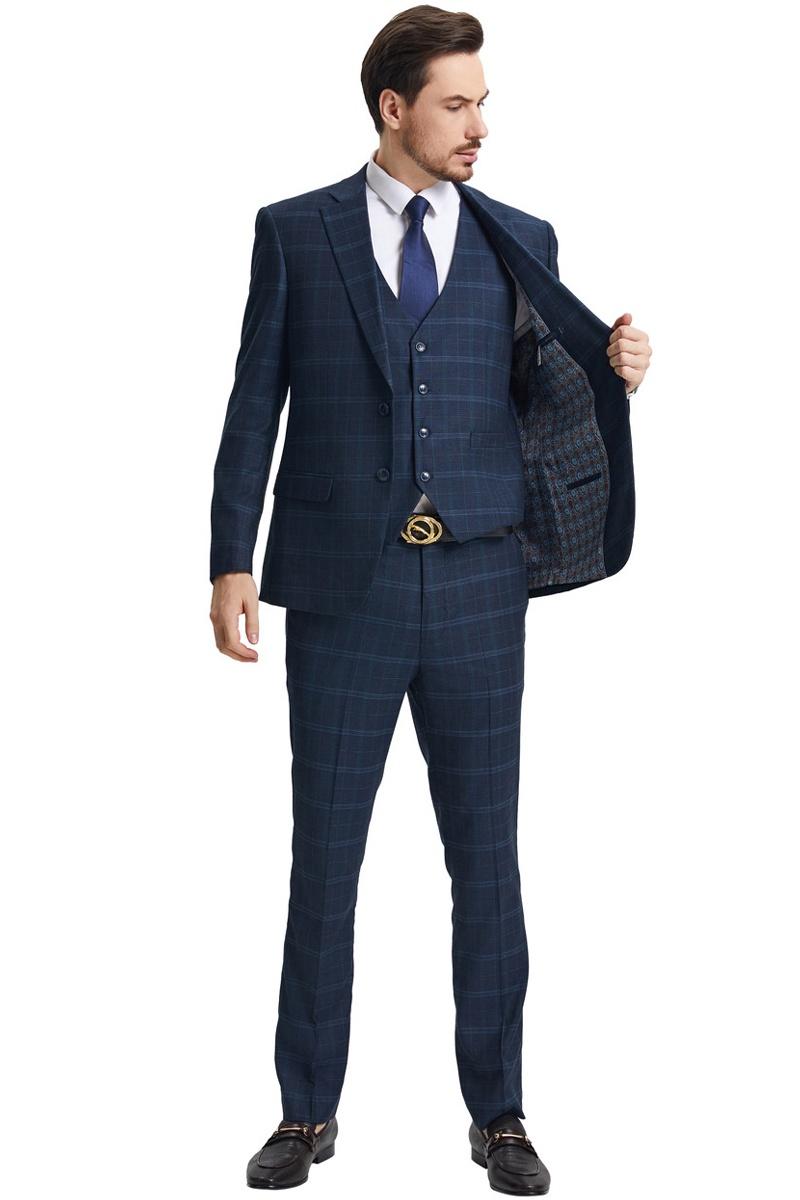 Modern Fit Windowpane Plaid Navy Suit by Stacy Adams