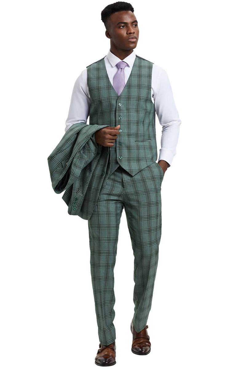 Stacy Adams Glen Plaid Vested Suit, Light Olive Green