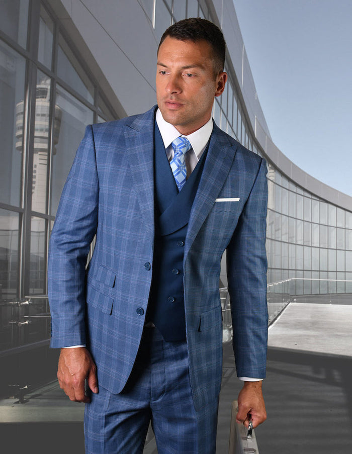 Indigo Plaid Wide Peak Lapel Suit