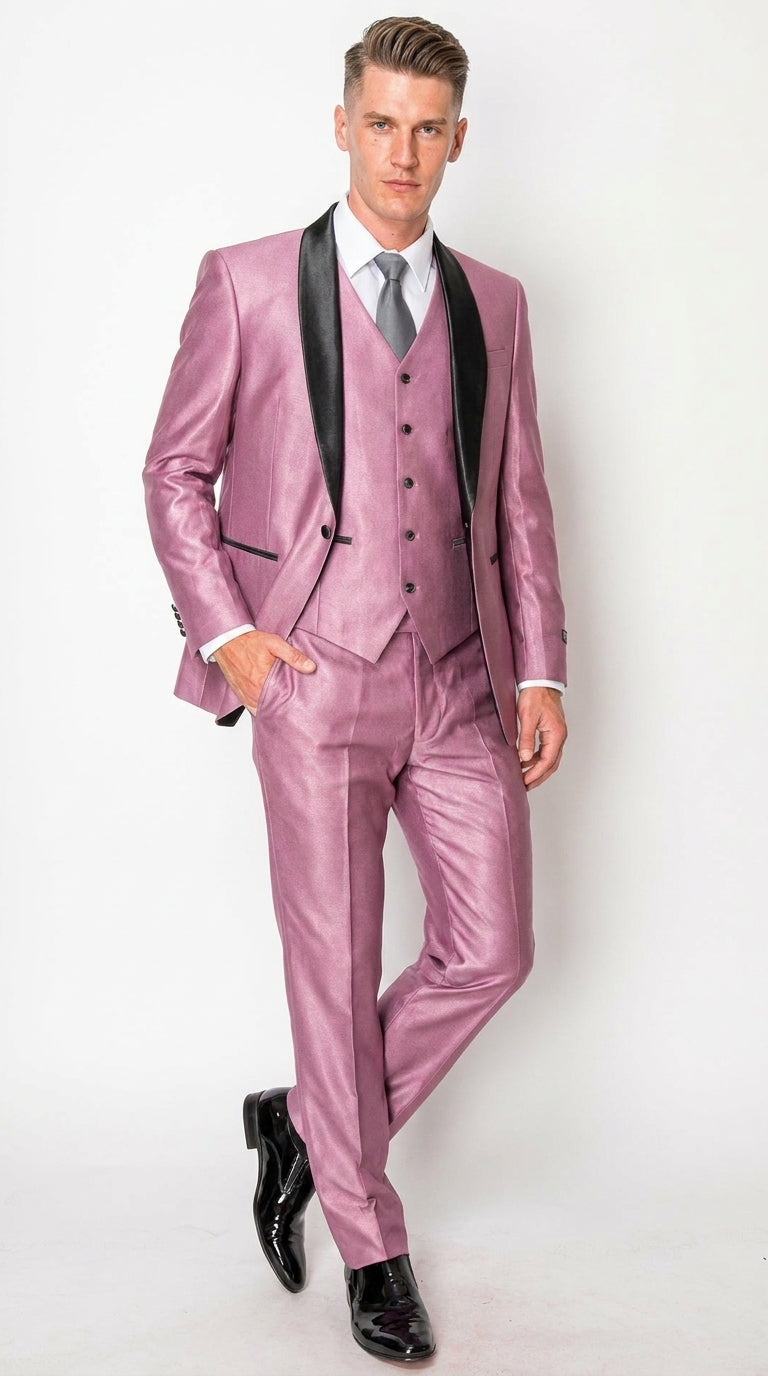 Men’s Shiny Mauve Pink 3 Piece Tuxedo – Wedding & Prom Suit with Black Shawl Lapel