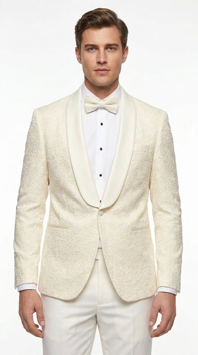 Men’s Ivory Off White Jacquard Dinner Jacket – Cream Tuxedo Blazer for Weddings & Formal Events + Bowtie included
