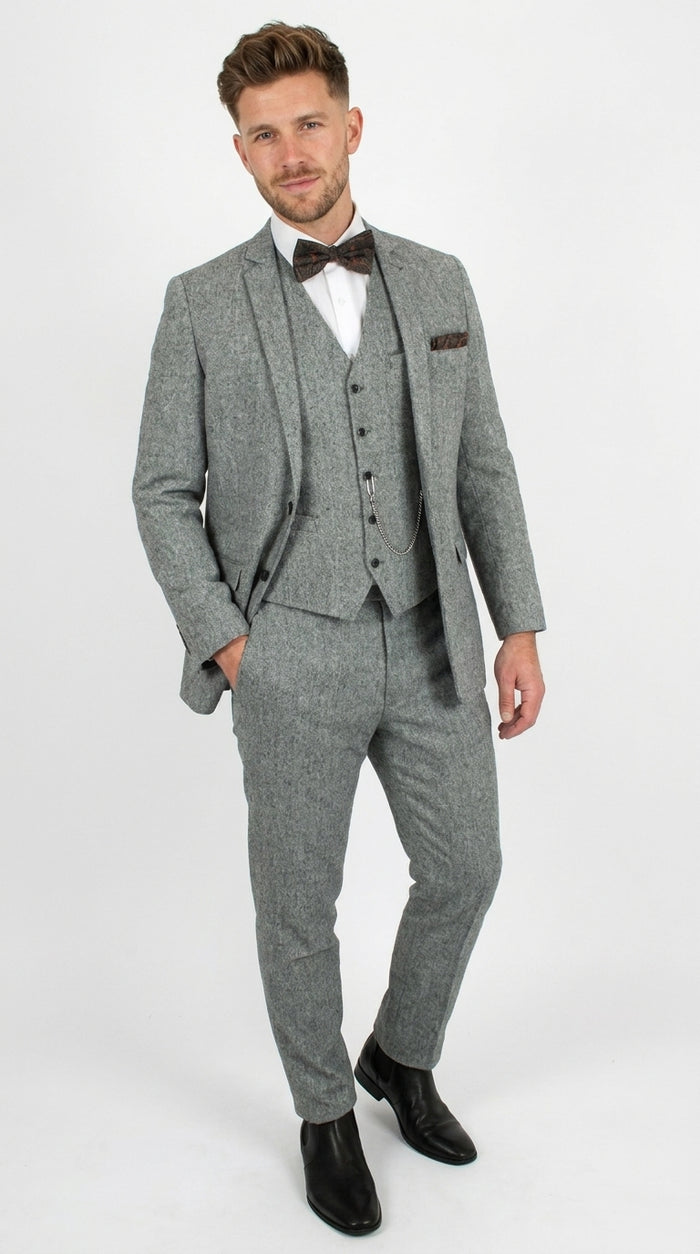 Men’s Grey Edwardian 3 Piece Suit – Vintage Victorian Wedding Suit with Vest Herringbone Tweed Fabric