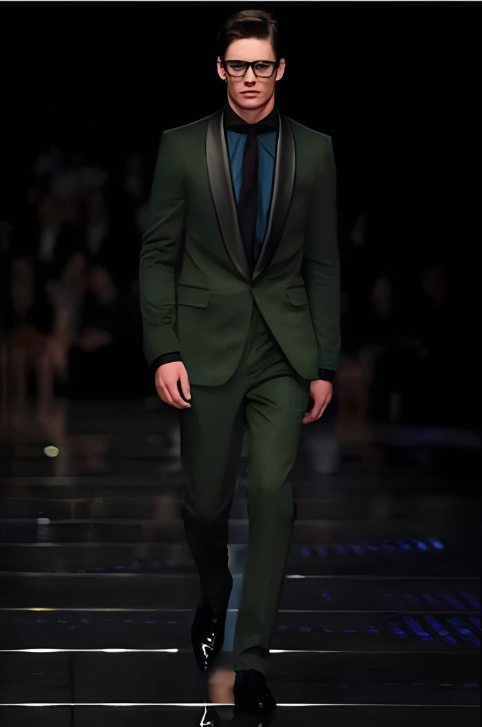 1 Button Dark Green Shawl Black Lapel Blazer Suit Jacket