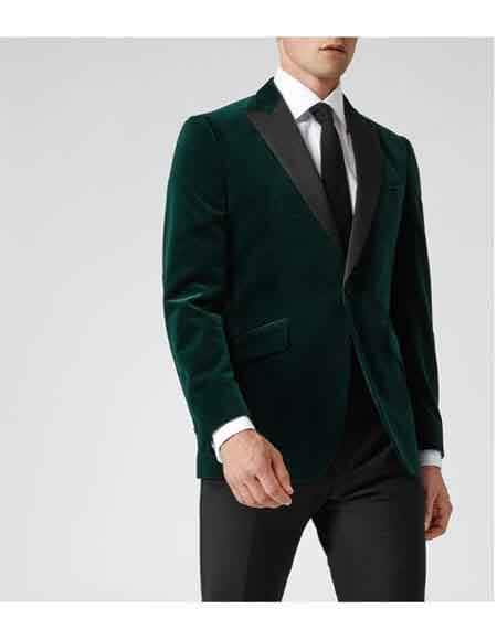 1 Button  Dark Green Slim-Fit Velvet Blazer Suit Jacket