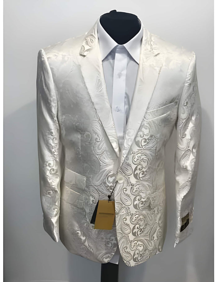 Men’s Off White Paisley Pattern Party Blazer, 1 Button Fancy Formal Suit Jacket