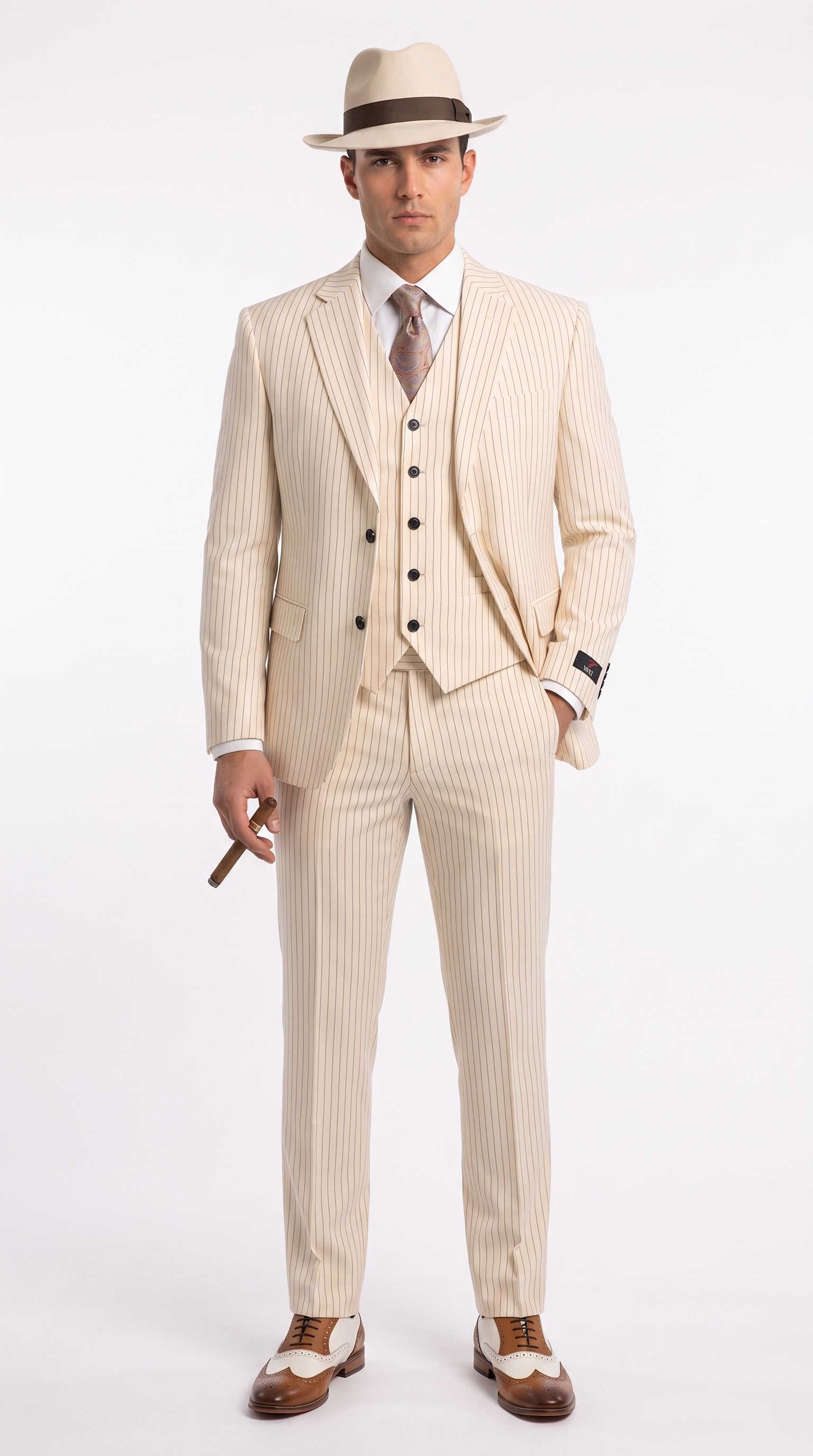 Men’s Ivory Cream Pinstripe 3-Piece Suit – 1920s Gangster Gatsby Wedding and Formal Suit
