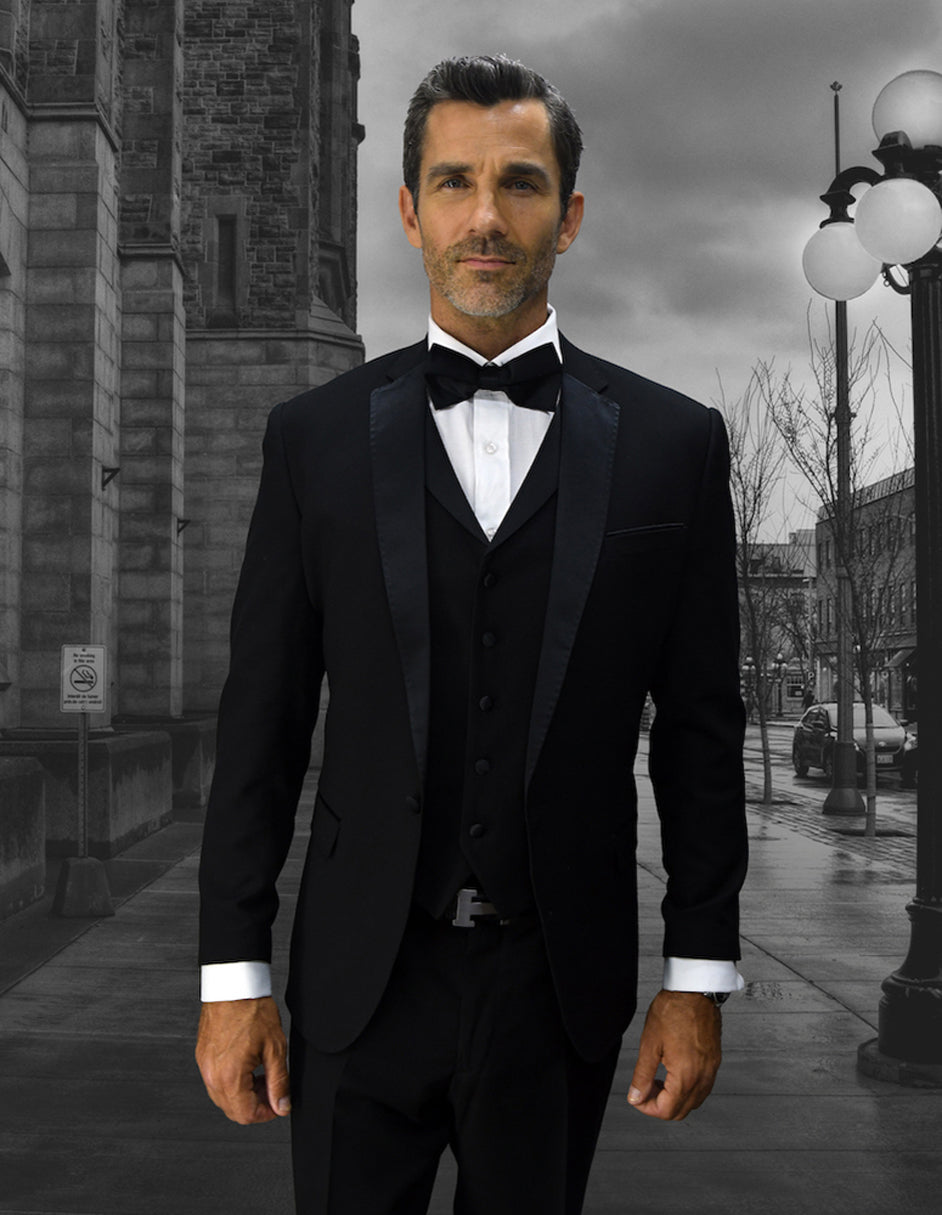 Men's One-Button Wool Tuxedo with Vest in Black