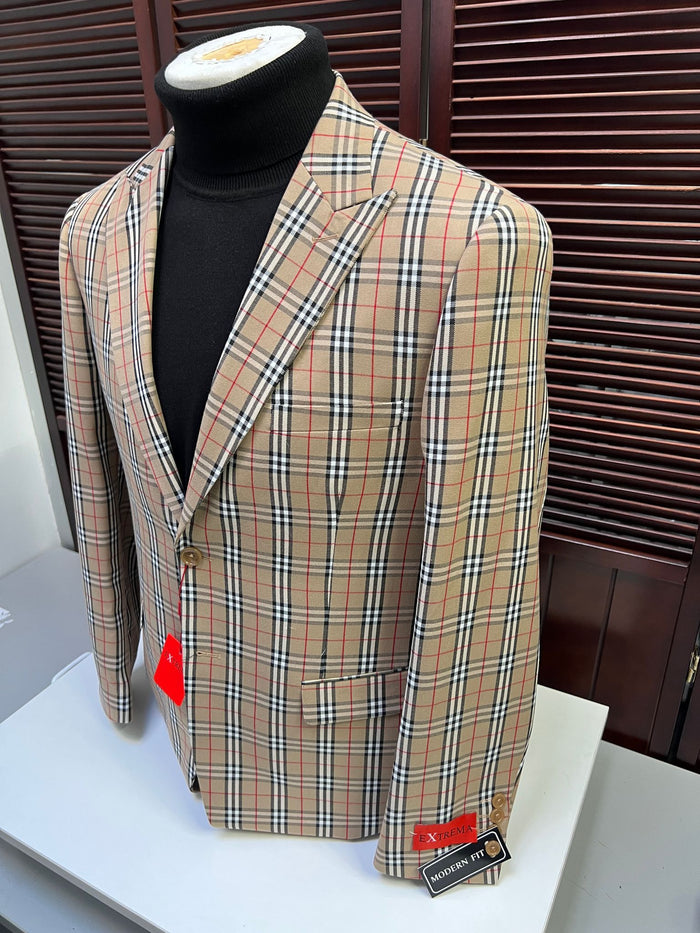 Beige Plaid Checkered Blazer - Camel Windowpane
