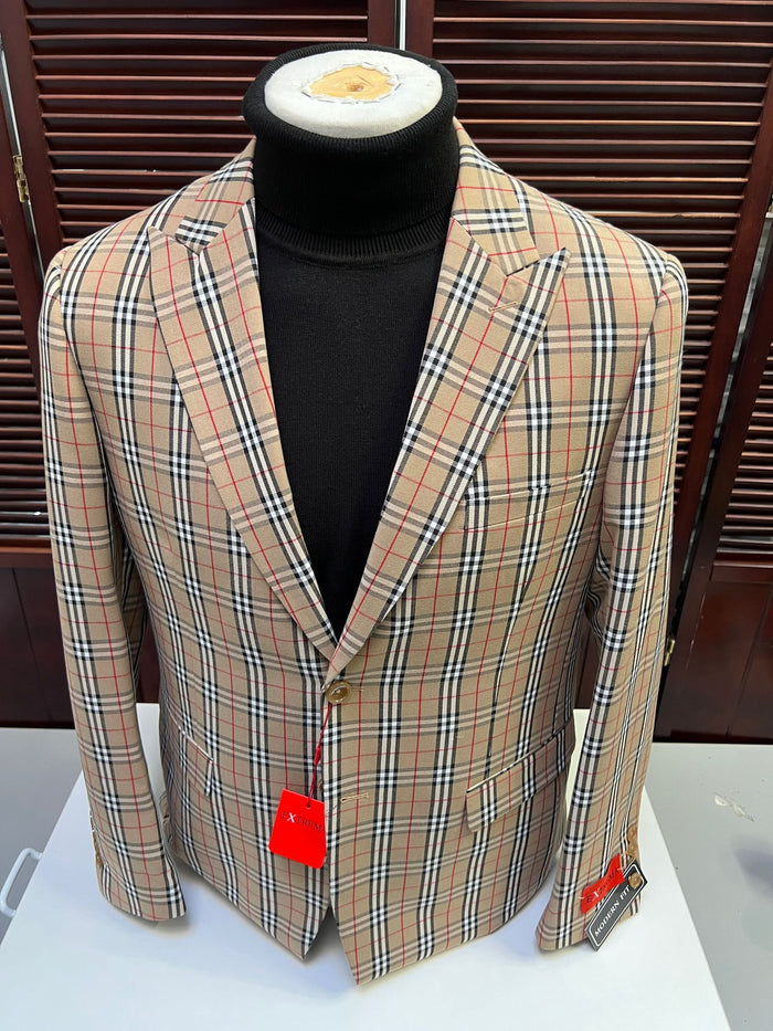 Beige Plaid Checkered Blazer - Camel Windowpane