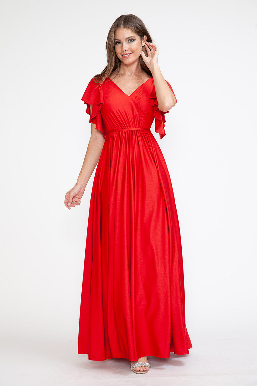 Lenovia 5277 Ruffled Short Sleeve V-Neck Stretch Dress