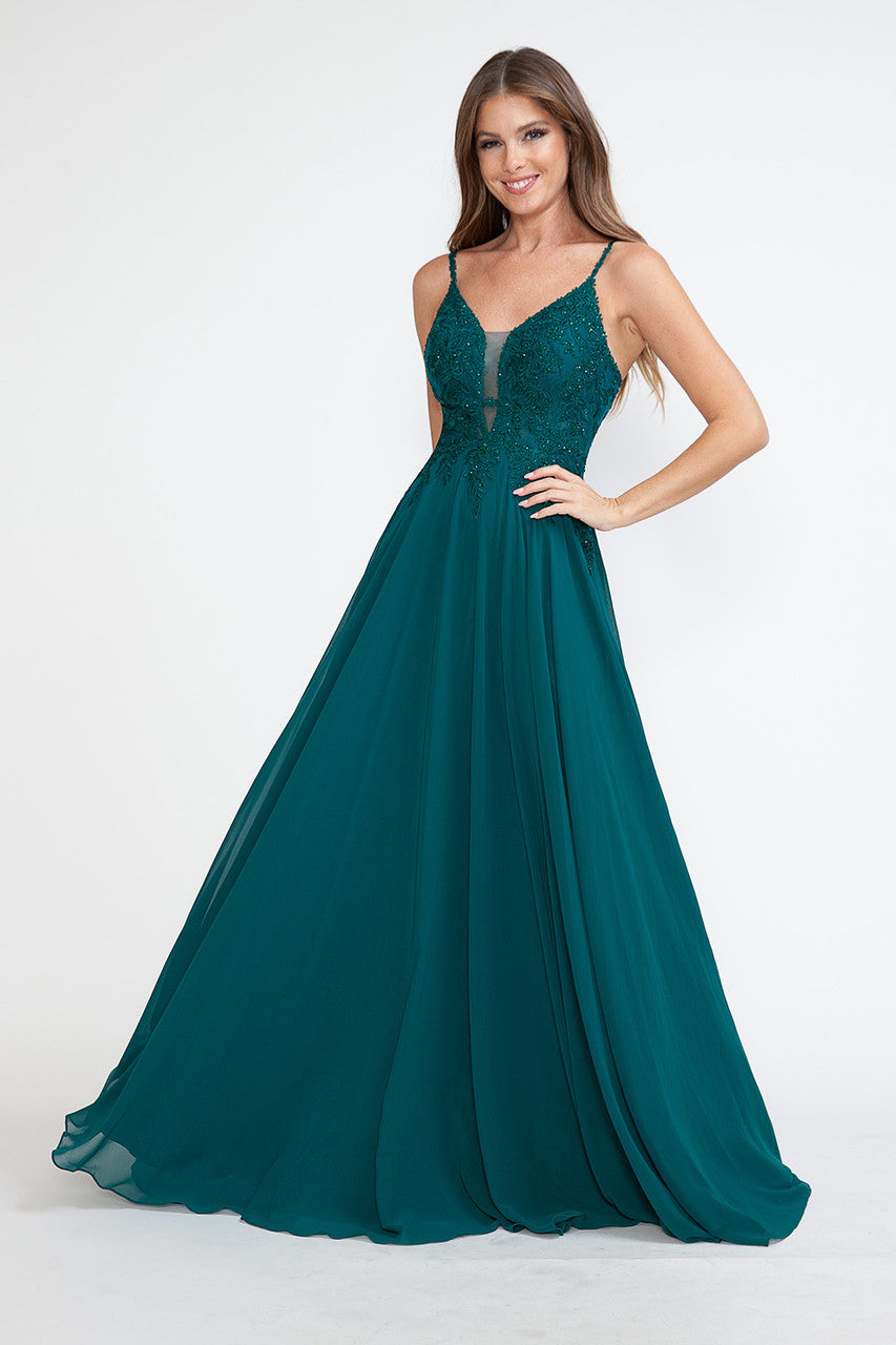 Embroidered A-Line Gown with Sheer V-Neck and Beaded Bodice Sleeveless Formal Prom Dress By Lenovia 8185